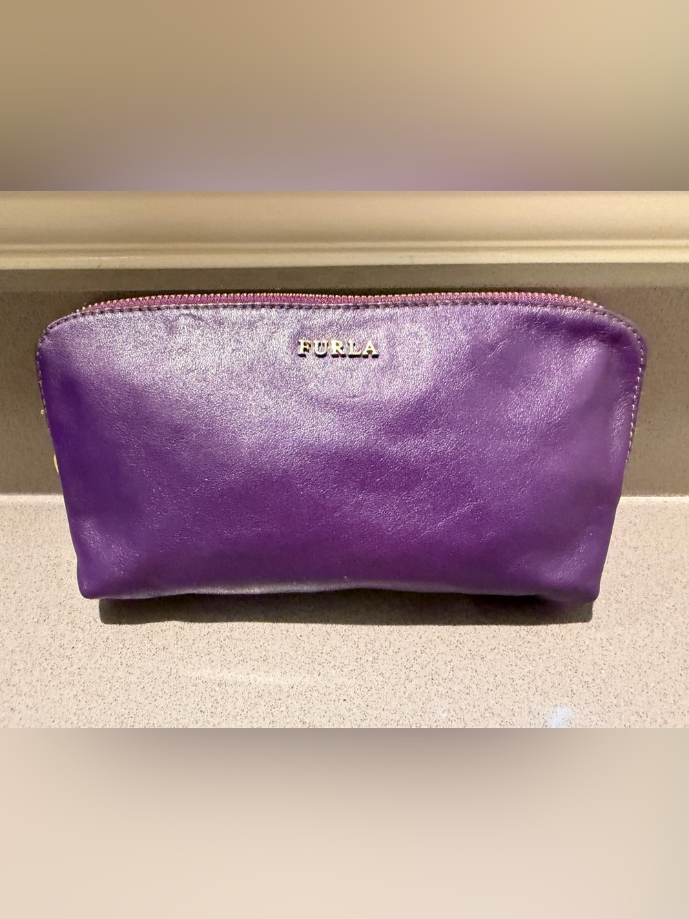 Furla Soft Purple Leather Zip Cosmetic Pouch